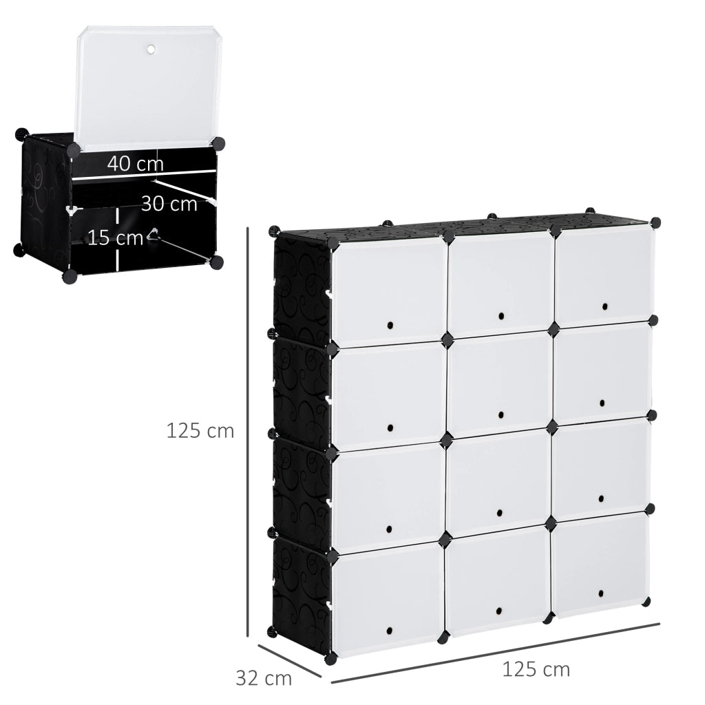 Scarpiera modulare con 12 cubi, portaoggetti DIY in plastica, 125 x 32 x 125 cm, nero