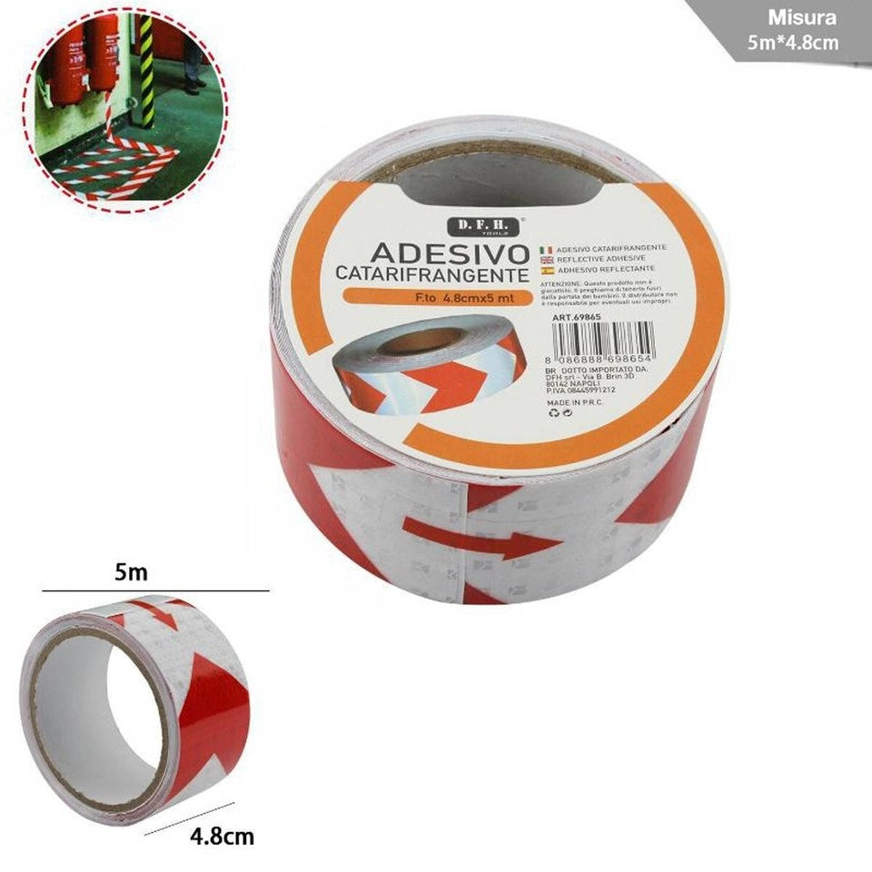 NASTRO ADESIVO RIFLETTENTE FRECCIA ROSSO BIANCO CATARIFRANGENTE ROTOLI 10MT 9865