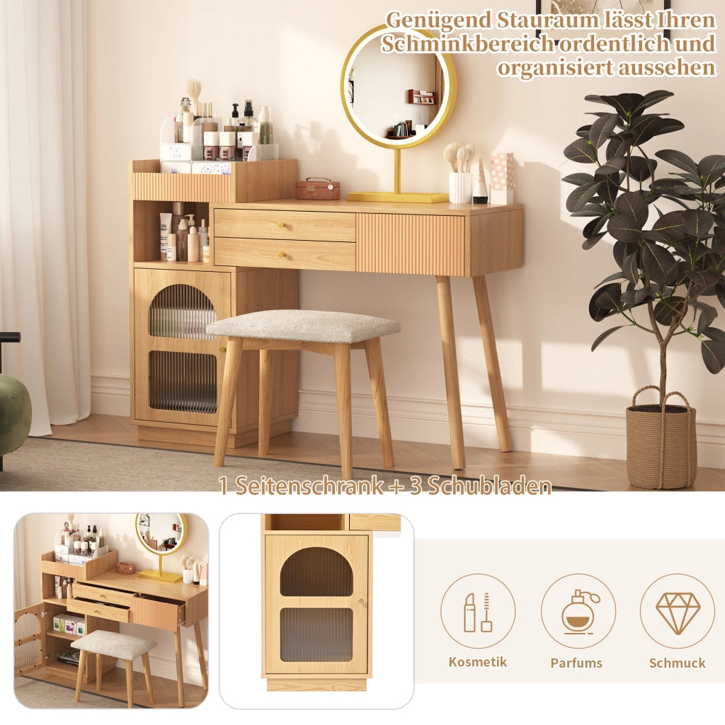 Toeletta con 3 cassetti e specchio LED - per camera da letto - 120×40×90 cm - naturale