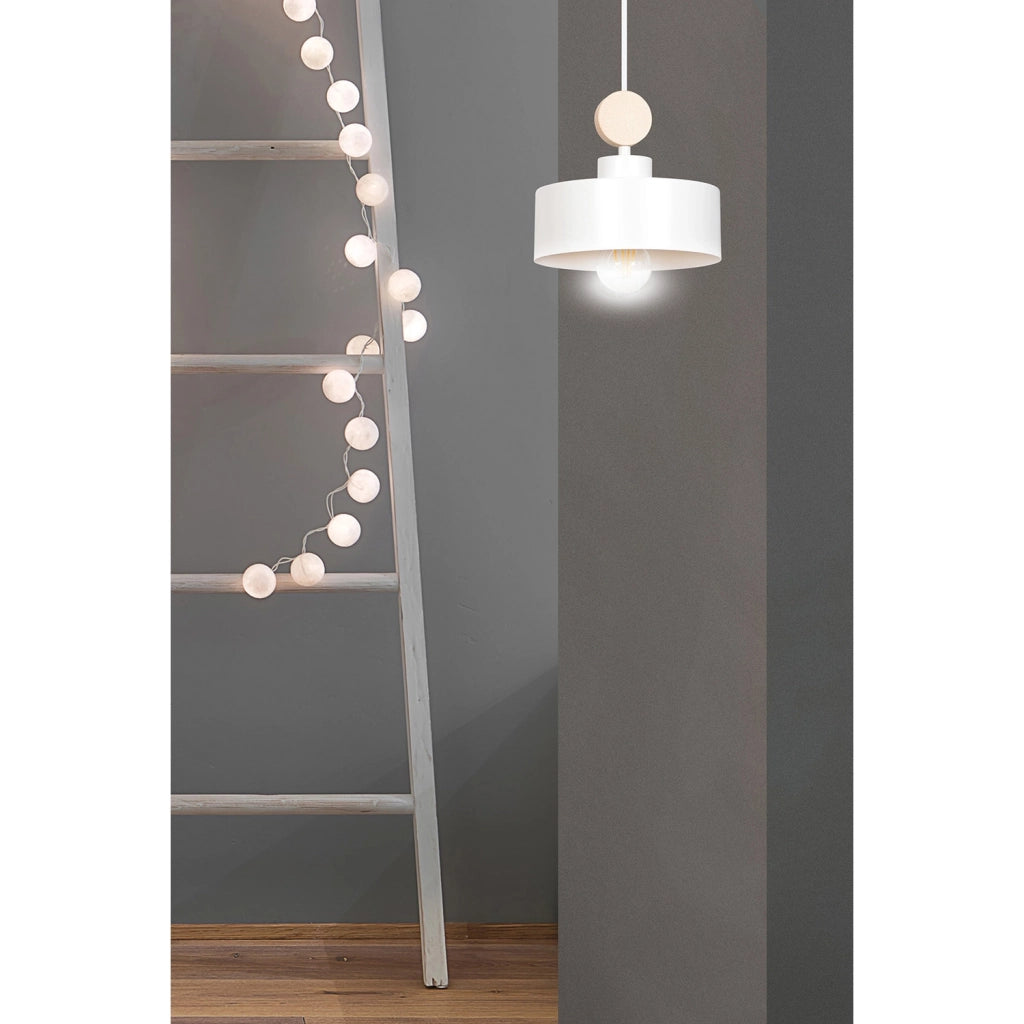 Sospensione 1 Luce Zhurong In Acciaio Bianco E Legno Naturale