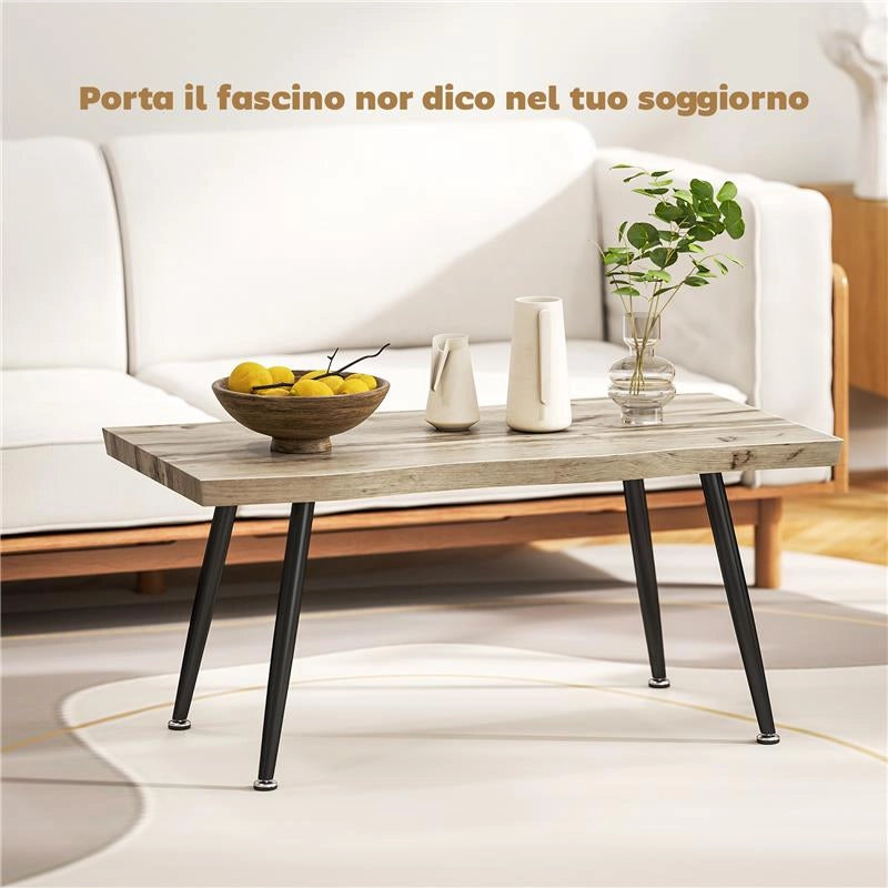 TAVOLINO DA CAFFÈ STILE NORDICO CON PIEDINI REGOLABILI, IN LEGNO E ACCIAIO, 100X50X45 CM, NERO E ROVERE