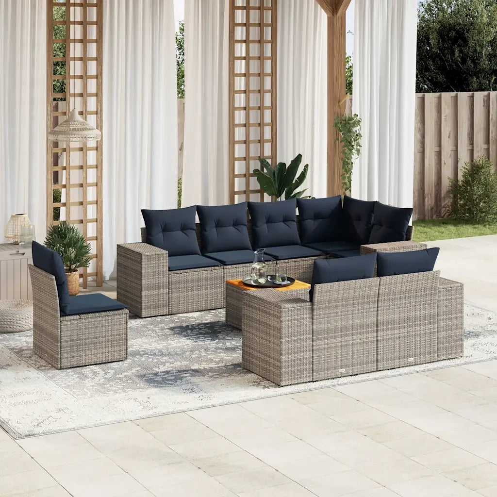 Set Divani da Giardino 9 pz con Cuscini Grigio in Polyrattan 3225543