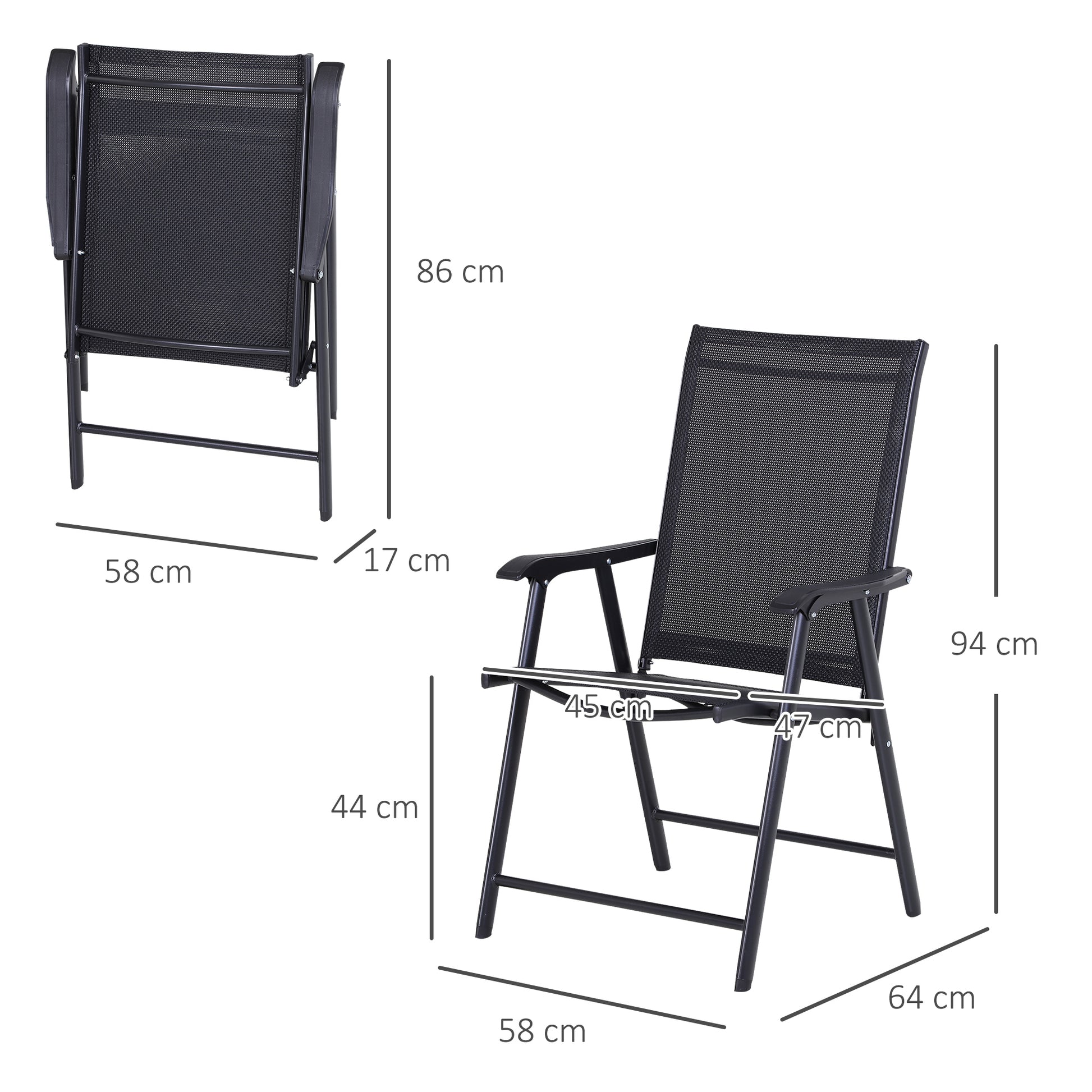 Set 2 Sedie da Giardino 58x64x94 cm Pieghevoli con Braccioli in Metallo e Texteline Nero