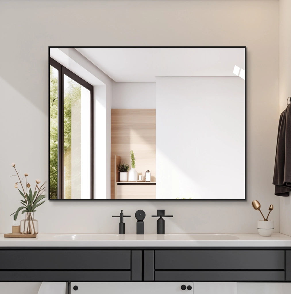 Specchio bagno 70x90 cm con cornice in alluminio nero, orizzontale o verticale