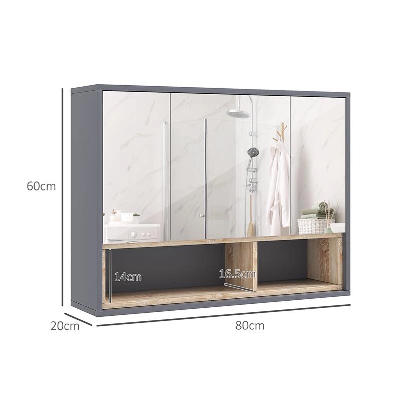 SPECCHIERA BAGNO A 3 ANTE CON ARMADIETTO 8 VANI E ANTE AMMORTIZZATE, 80X20X60 CM, GRIGIO
