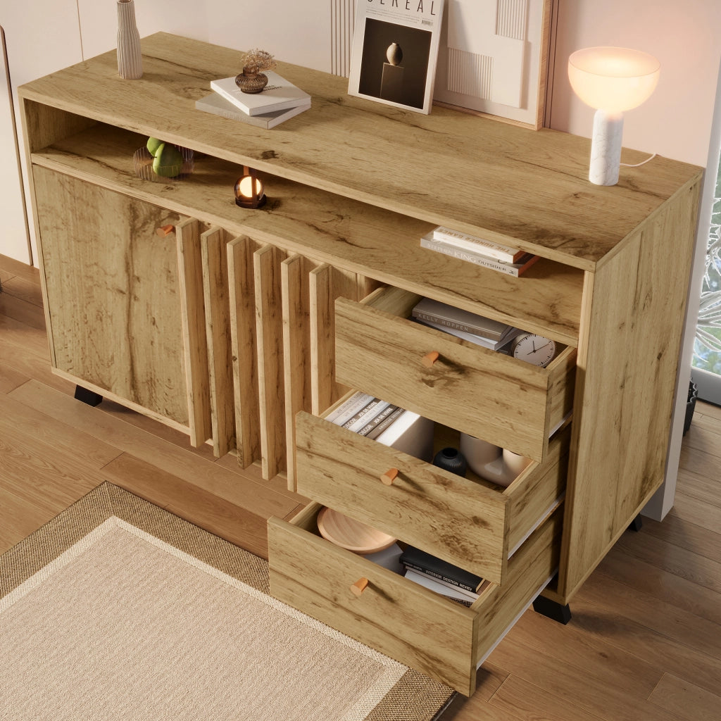 CREDENZA con 3 cassetti, 2 ante e vano aperto 120x40x85 cm effetto legno scuro
