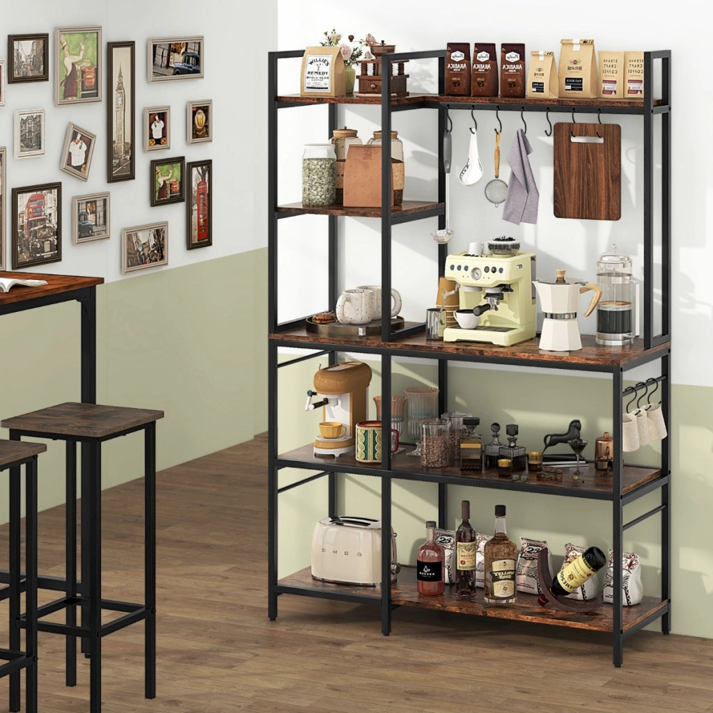 Scaffale da cucina con prese di corrente, Tavolo bar con 5 ripiani e 10 ganci a forma di S Marrone rustico-Organizzazione della cucina