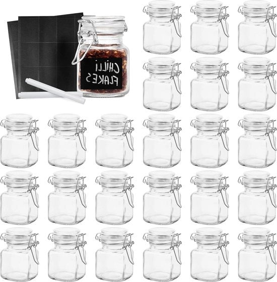 Set di 24 contenitori in vetro per spezie con chiusura a vite - Kit di 24 (100ml) - Inclusi adesivi e pennarelli - Contenitori a chiusura ermetica per alimenti e spezie - Contenitori in legno e acciaio