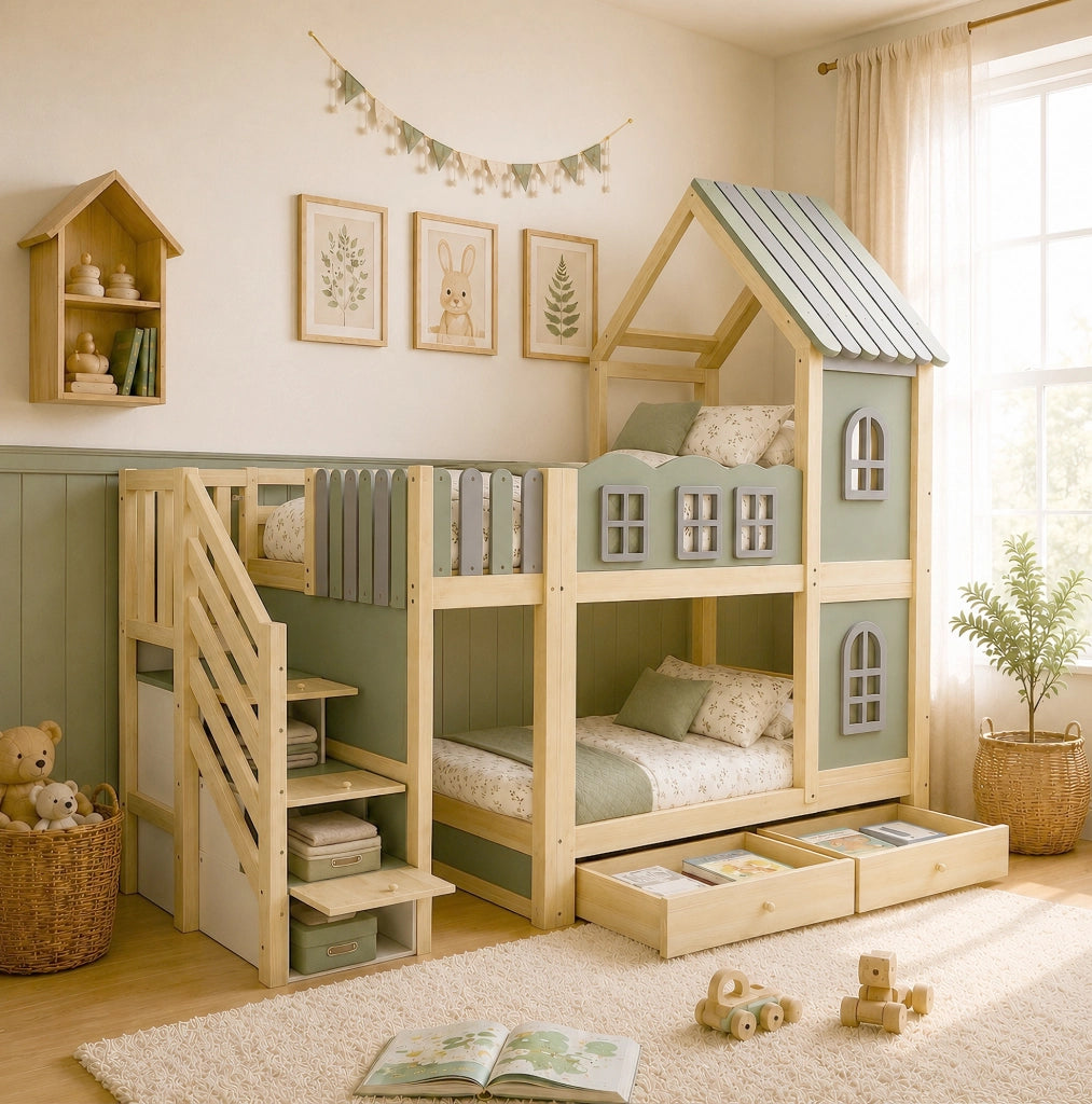 Letto a castello per bambini 90x200 cm in legno; verde/grigio/naturale; con scale contenitore e cassetti
