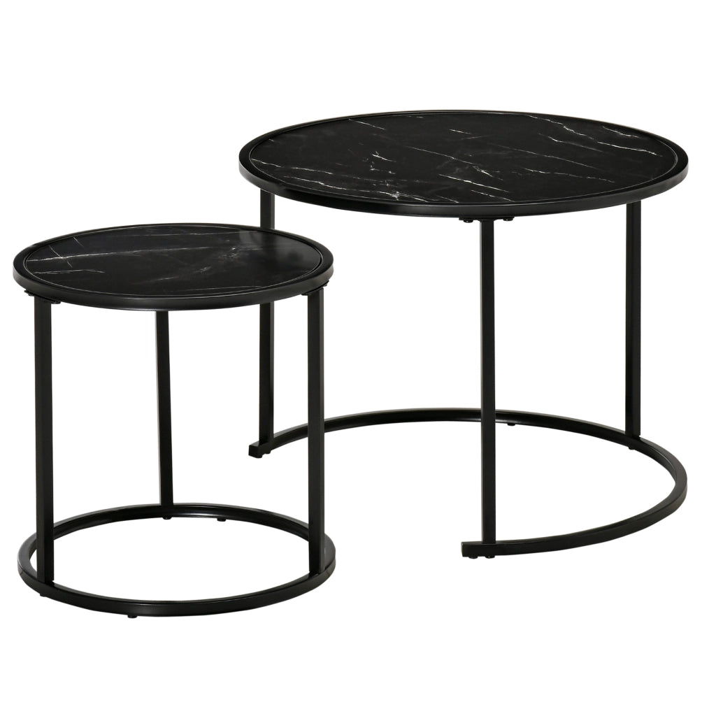 Set 2 Tavolini Nido Rotondi Apilabili ¨C Zephmum ¨C Effetto Marmo Nero ?60x46/?40x40