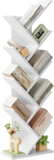 Libreria ad Albero Moderna Scaffale Salvaspazio a 9 Ripiani in Legno Porta Libri per Soggiorno Camera Studio Bianco, 40x20x127cm