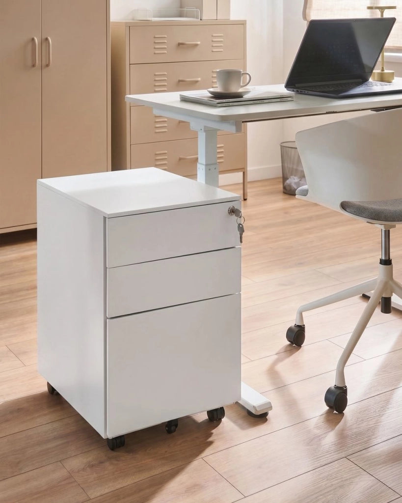 Mobiletto Ufficio Acciaio Nero con Ruote 3 Cassetti Chiusura a Chiave Design Industriale