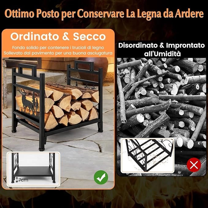 Porta Legna in Metallo, Portalegna con Doppia Impugnatura, Base Solida e Motivi Adorabili di Cervi e Alberi, Legnaia da Interno Esterno, Installazione Senza Attrezzi, Portata 60 kg