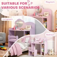 Toeletta per bambini con sgabello, specchio a forma di fiore e ripiani aperti, 3-8 anni, Viola