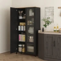 Mobile Dispensa Cucina in Legno a 9 Ripiani Regolabili con Ante in Vetro, 76x36x160 cm, Nero e color Legno
