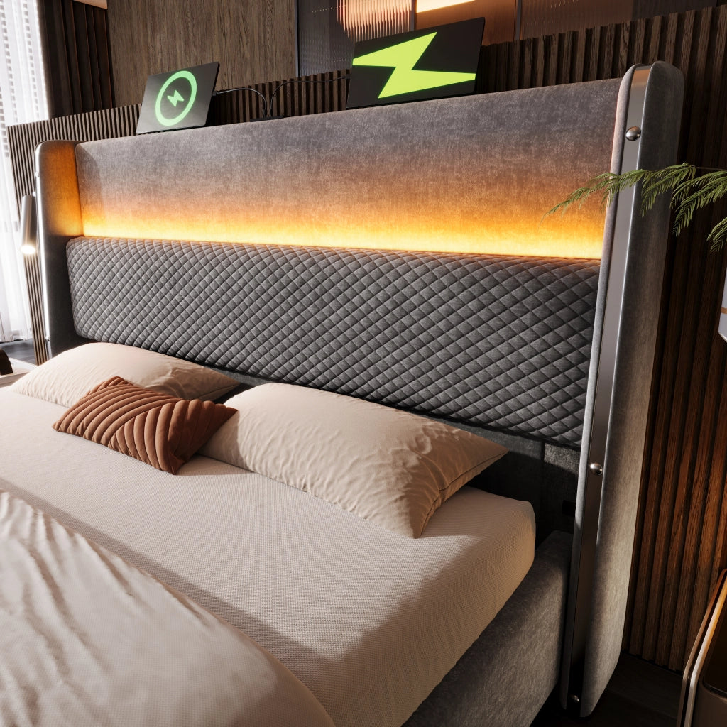 LETTO Contenitore Idraulico 140x200 cm Grigio in lino con LED e porte USB/Type-C