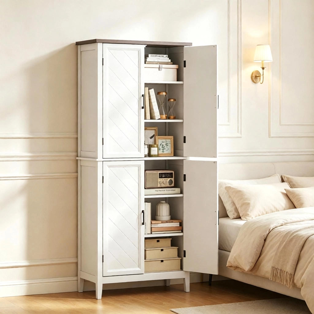 Credenza alta con 4 ante e 4 ripiani regolabili, per cucina e sala da pranzo, in MDF bianco, 76 × 40 × 178,5 cm