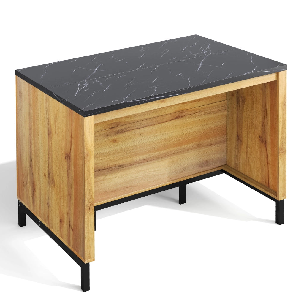 Isola cucina 120 x 75 x 90 cm in stile country con 2 cassetti e ripiani a vista, piano effetto marmo nero, colore nero/naturale