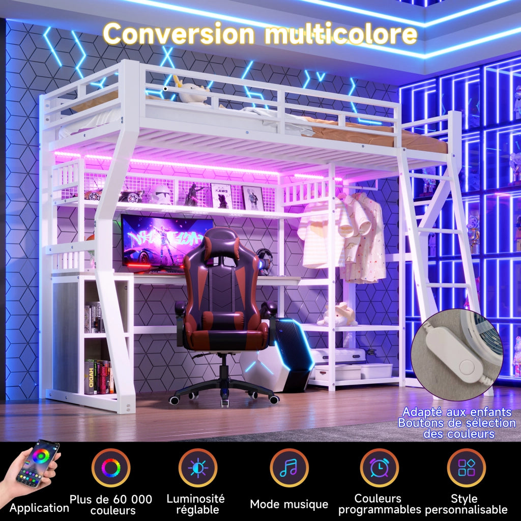 Letto a castello con scrivania a LED 90x200 cm realizzato in MDF bianco e metallo