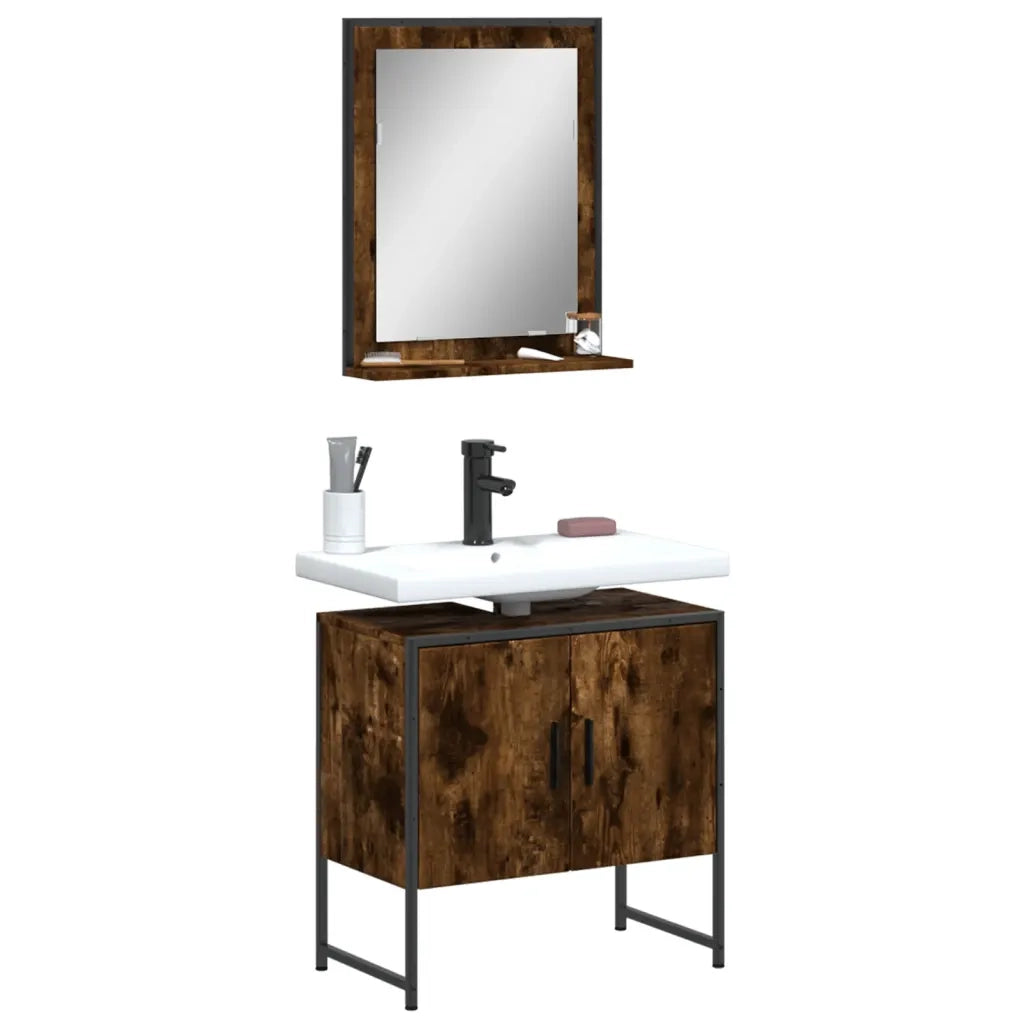 Set Mobili da Bagno | Armadio da bagno 2 pz Rovere Fumo in Legno Multistrato