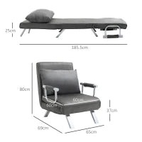 Poltrona Letto Singolo 3 in 1 con Schienale Reclinabile su 5 Livelli e Cuscino, Divano Letto Singolo Pieghevole per Soggiorno e Salotto in Pelle Scamosciata e Metallo, 65x69x80 cm, Grigio
