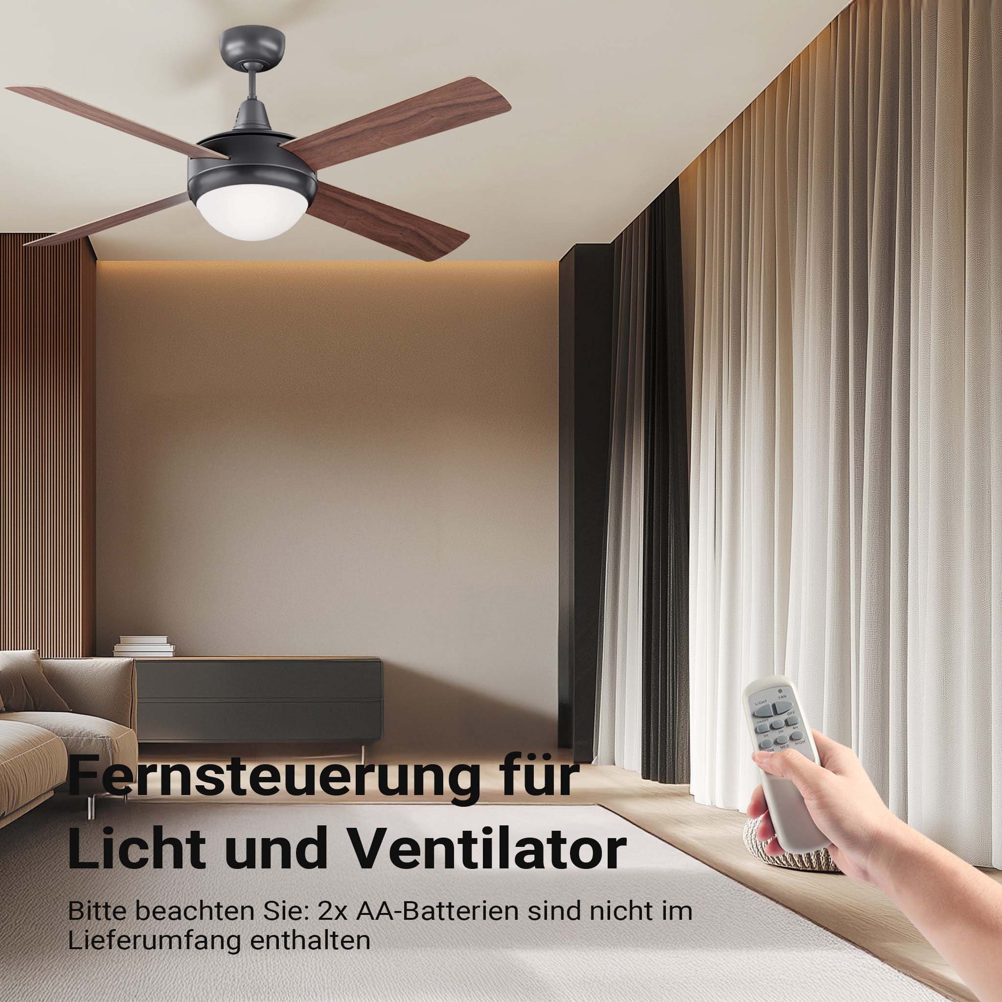 Ventilatore da soffitto Ø 122 cm con 4 pale, lampadario ventilatore con 3 velocità, telecomando, timer, modalità estiva e invernale, 53 W