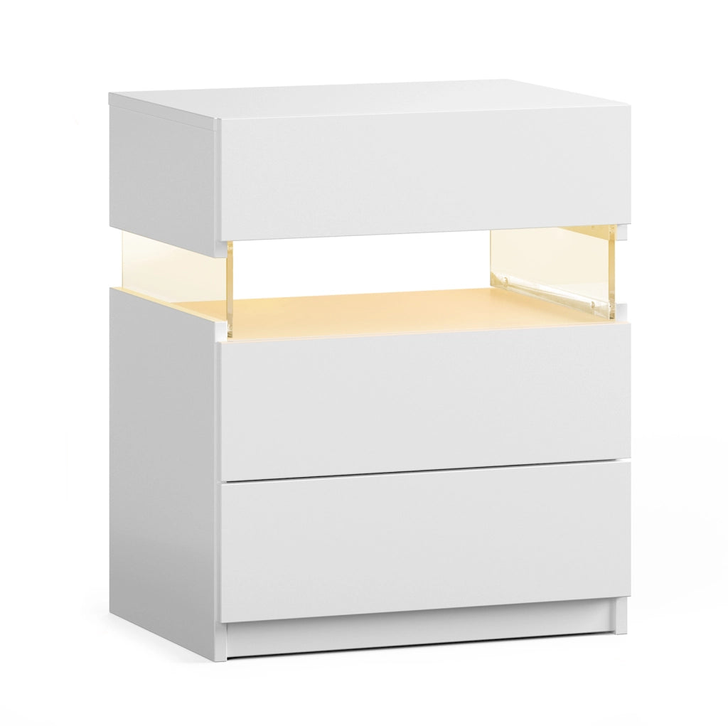 Comodino LED bianco con 3 cassetti e pannello acrilico