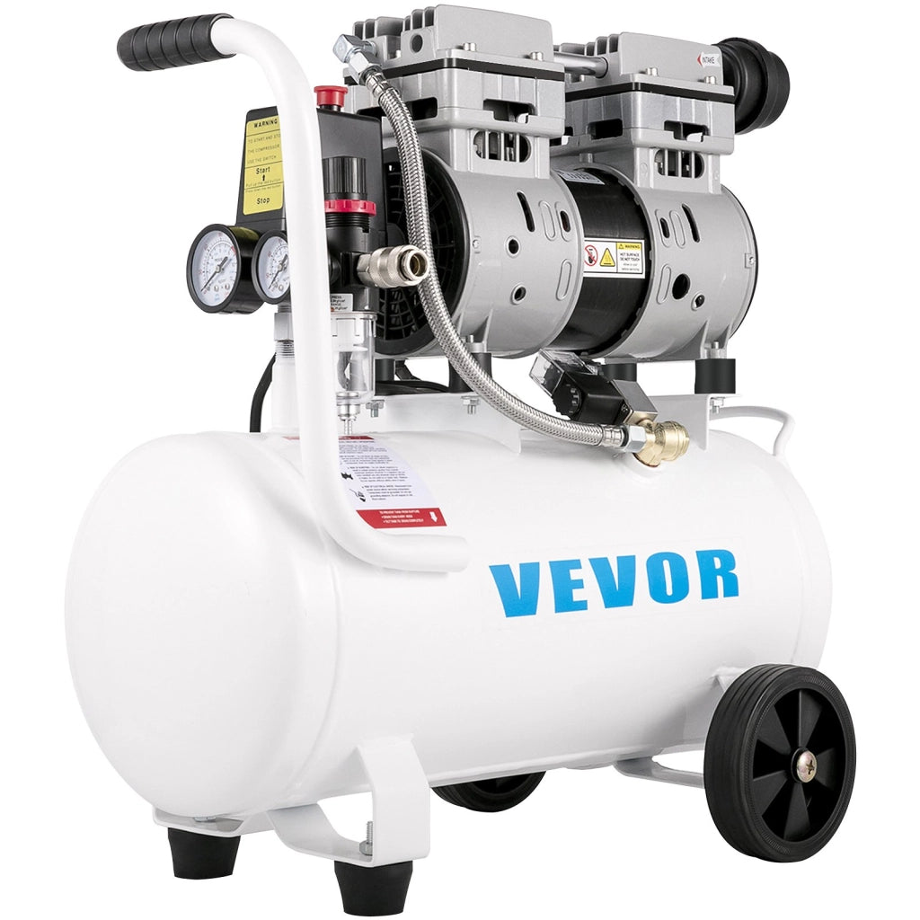 Compressore d'Aria Silenzioso 750W 25L KYJ-9383 in Acciaio Bianco 8 Bar Senza Olio Portatile per Fai da Te e Officina