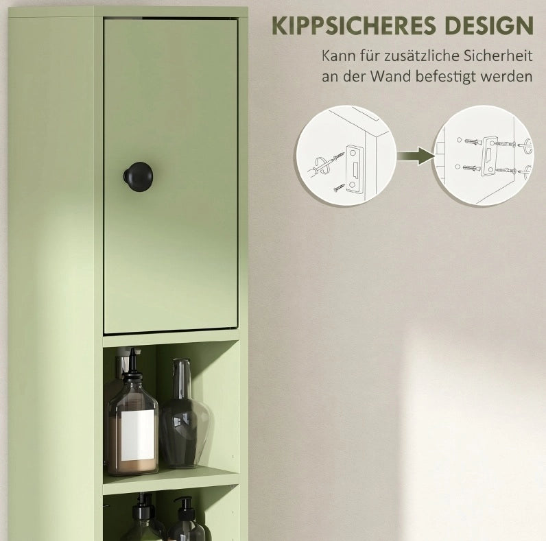 Mobile bagno stretto verde con cassetto e 4 ripiani aperti 20x20x180 cm