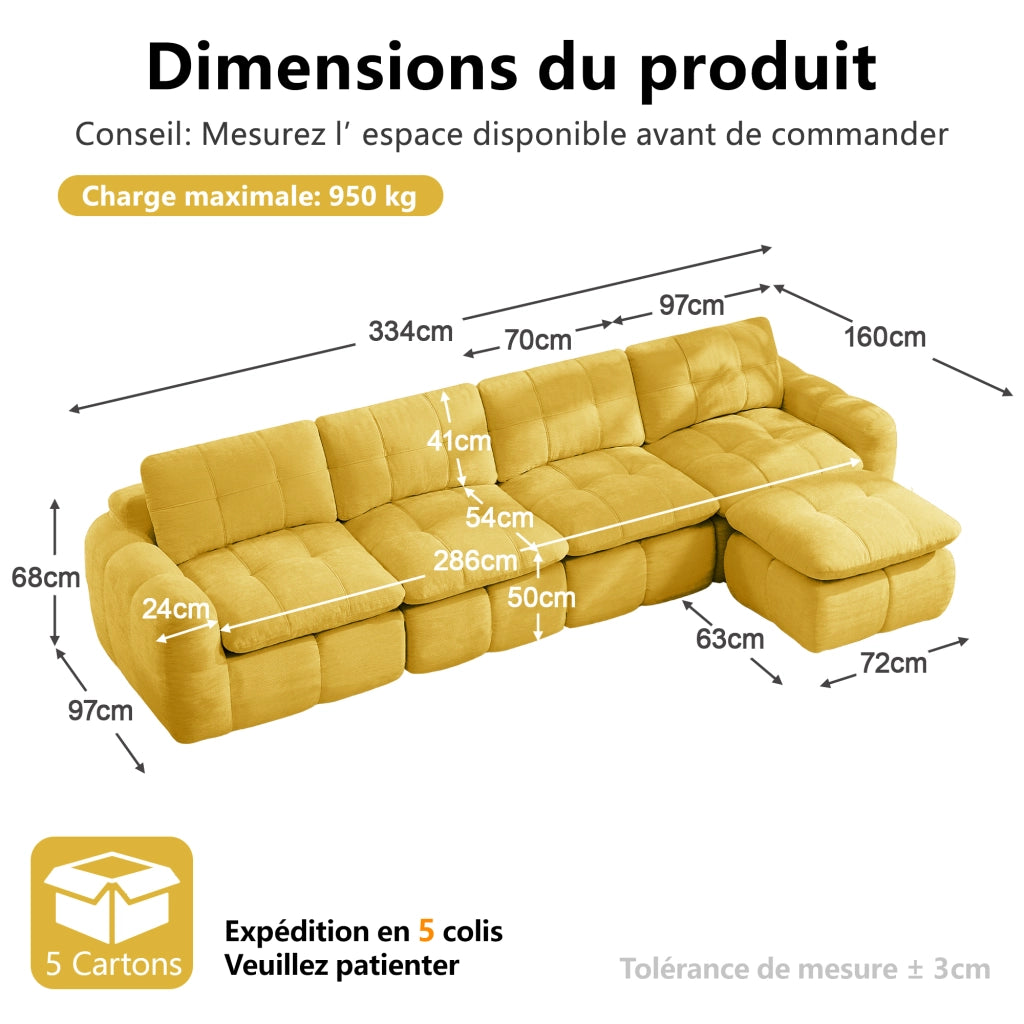 Divano modulare a 2 posti in ciniglia giallo con seduta profonda e braccioli 68 × 194 × 97 cm