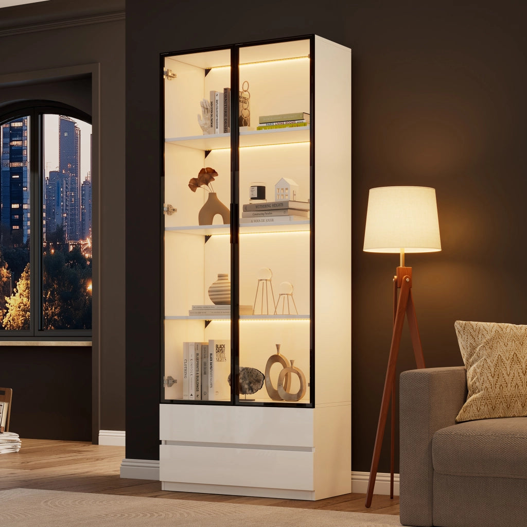 Vetrina con LED, 2 ante e 2 cassetti, per soggiorno e studio, in MDF e vetro temperato, bianco, 80 × 34 × 200 cm