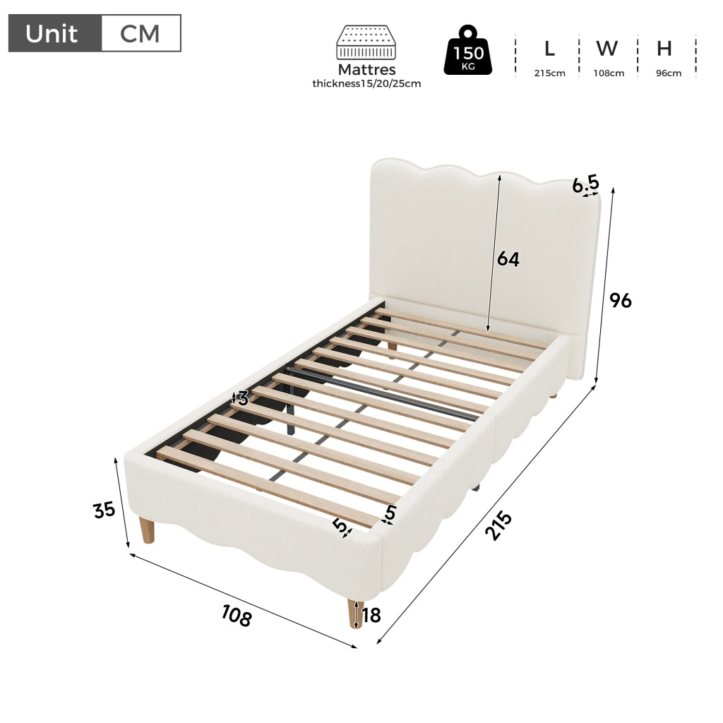 Letto singolo 90x200 cm in bouclé bianco con rete a doghe, testiera imbottita e gambe in legno massello