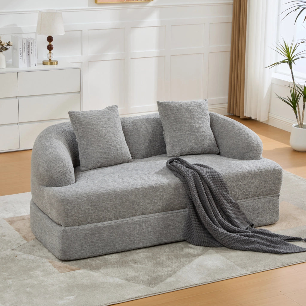 Divano letto due posti pieghevole in ciniglia grigio chiaro con cuscini e apertura rapida facile
