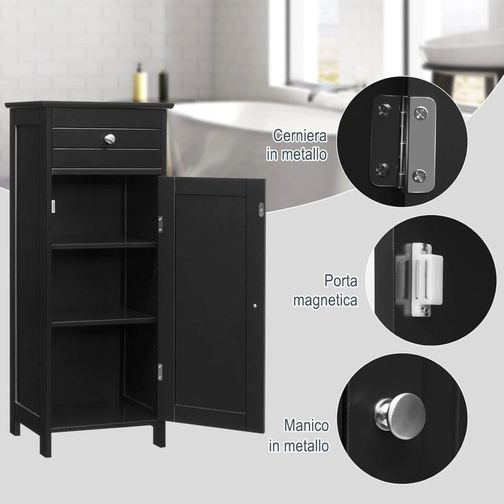 Armadietto da Bagno Autoportante 35x30x87cm, con Cassetto Anta Ripiani Regolabili a 7 Livelli, Mobiletto Bagno Salvaspazio Multiuso, con Dispositivo Antiribaltamento (NERO)