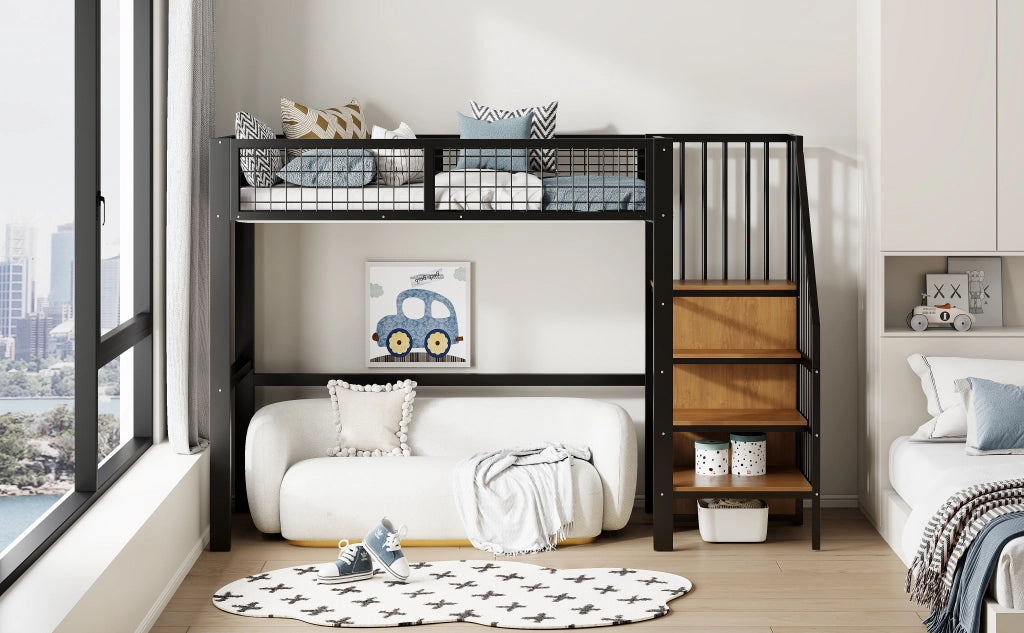 LETTO A CASTELLO 90x200 cm in metallo nero con scala e armadio