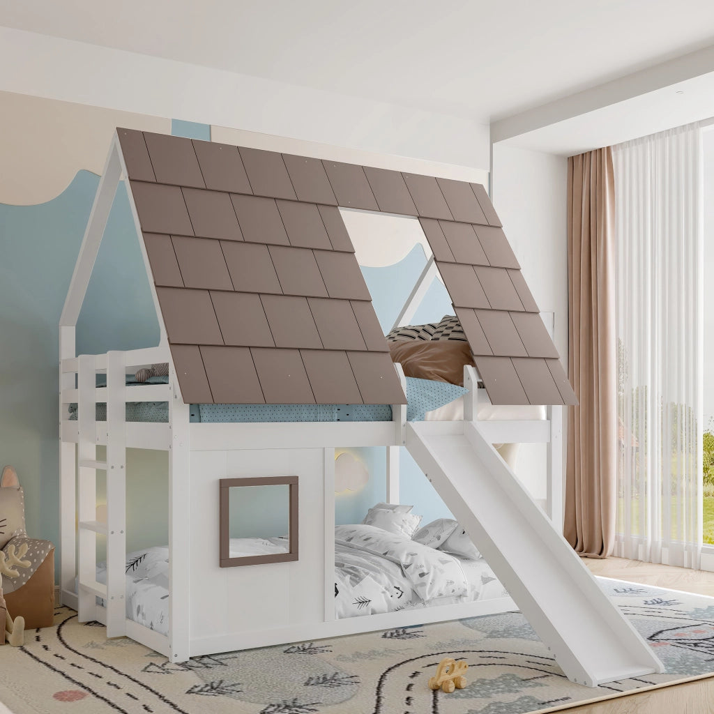 Letto a Castello Matrimoniale 140 x 200 cm con Tetto; Scala e Scivolo; senza Materasso; in Legno e MDF