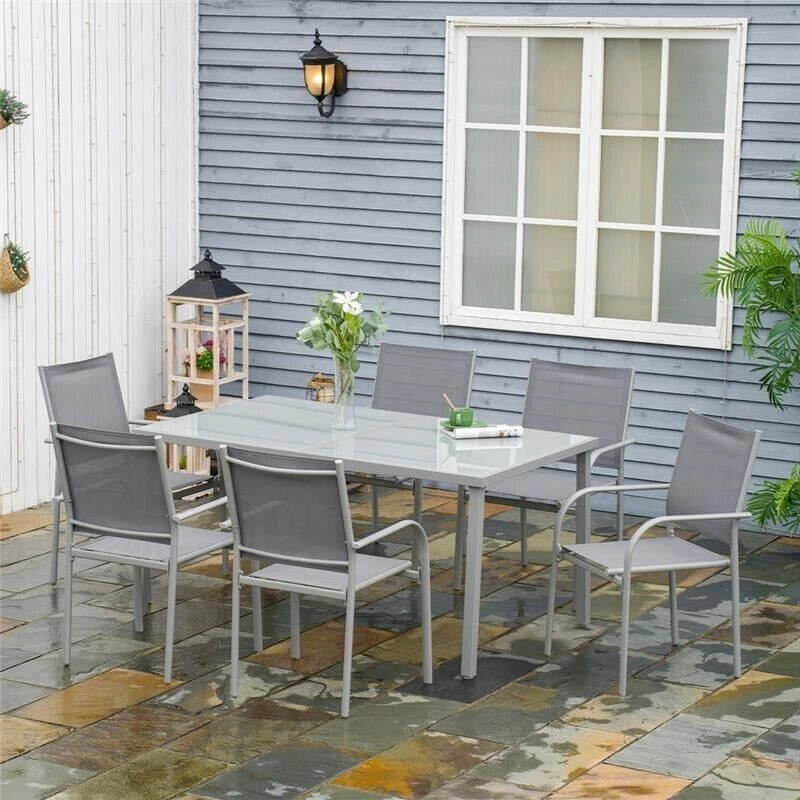 SET SEI SEDIE DA GIARDINO IN TESSUTO A RETE GRIGIO IMPILABILI, SALVASPAZIO