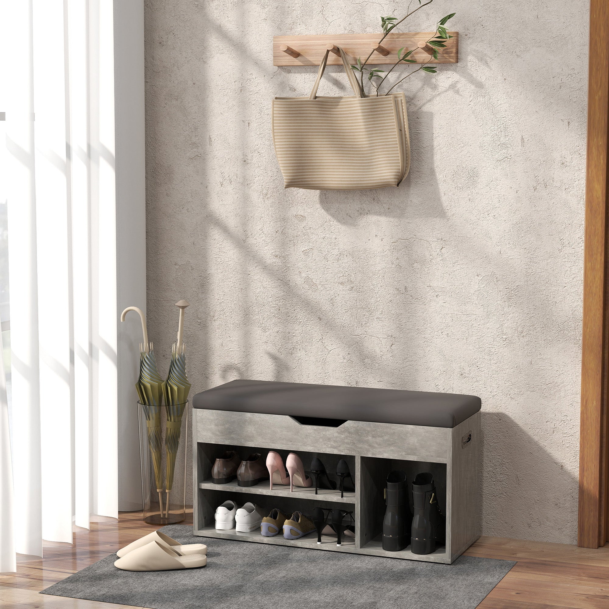 Panca Scarpiera Salvaspazioni con Vani a Giorno e a Scomparsa 80x30x45 cm Nero e Grigio