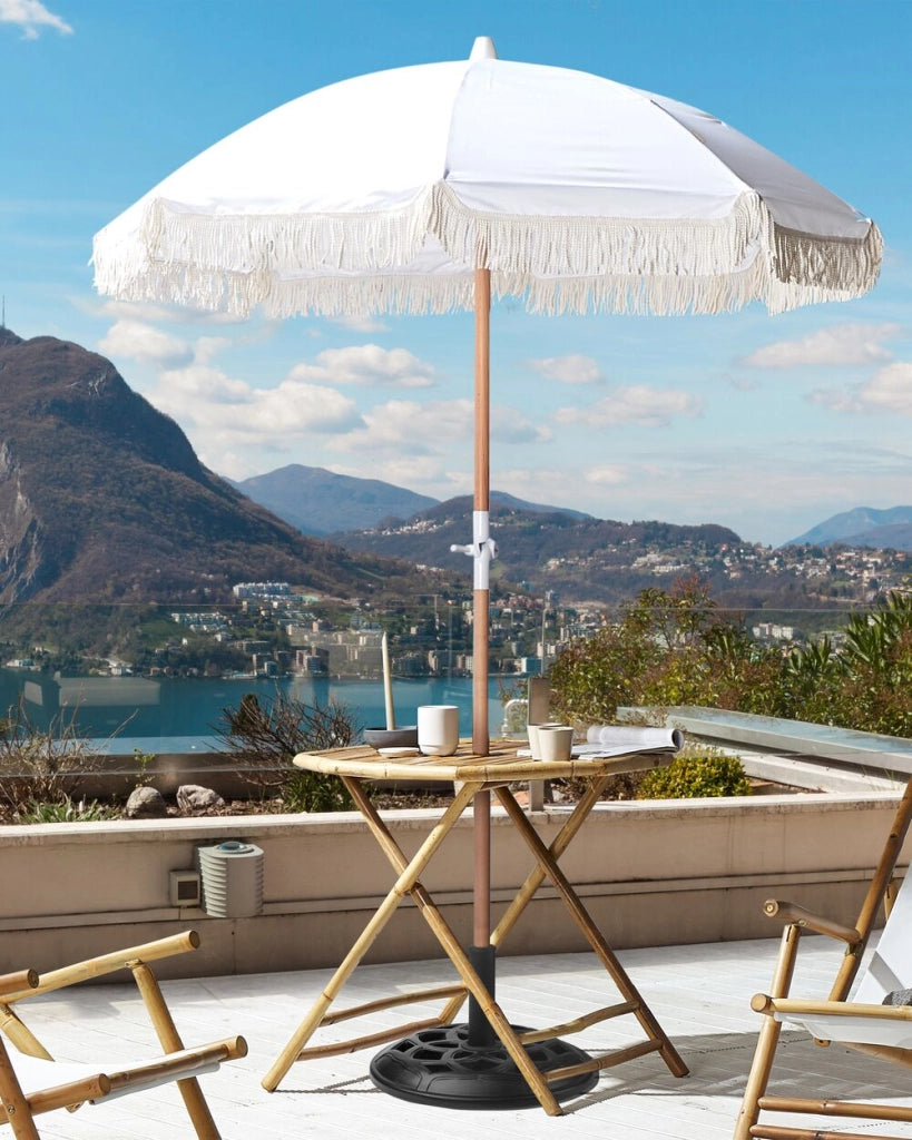Ombrellone giardino tessuto bianco palo in legno faggio 150 cm Ombrellone esterno rotondo giardino retrò inclinabile resistente ai raggi UV
