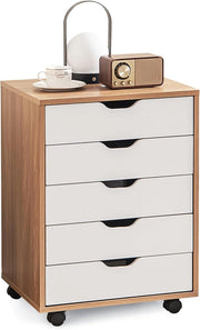Cassettiera Ufficio con 5 Cassetti, Cassettiera Scrivania con Ruote Universali, Schedario Portadocumenti in Legno per Soggiorno, Camera da Letto, Studio, 49 x 42 x 66 cm (Naturale)