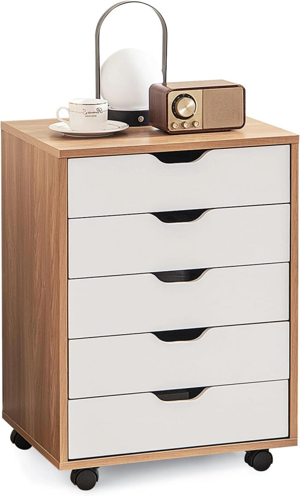 Cassettiera Ufficio con 5 Cassetti, Cassettiera Scrivania con Ruote Universali, Schedario Portadocumenti in Legno per Soggiorno, Camera da Letto, Studio, 49 x 42 x 66 cm (Naturale)