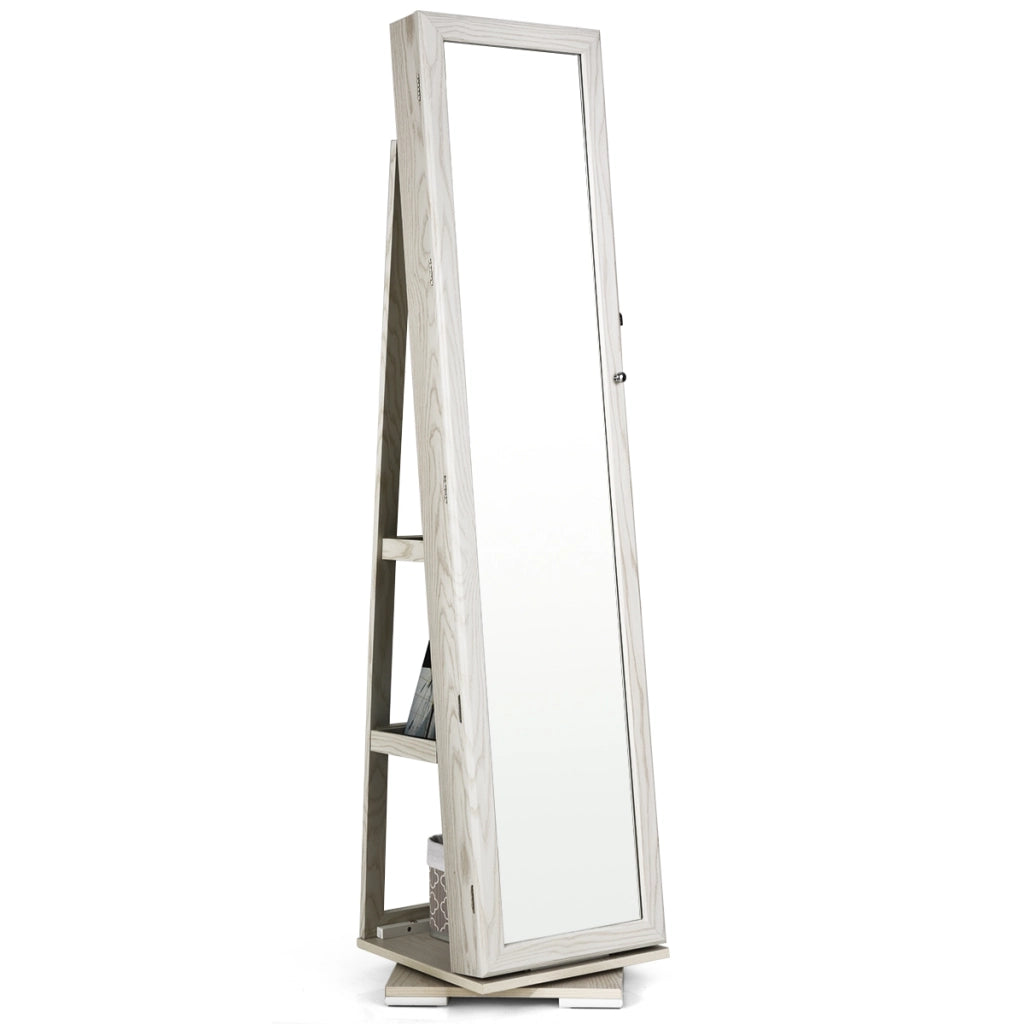 Armadio portagioielli girevole a 360¡ã con specchio, Organizer gioielli 2 in 1 a figura intera, Bianco-Armadietti per gioielli