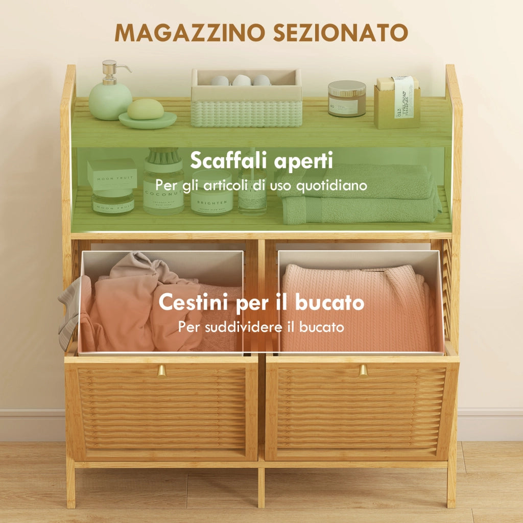 Mobile Portabiancheria con 2 Cesti da 41L e 2 Ripiani. in Bamb¨´ e Poliestere. 82x33x88 cm. color Legno e Crema