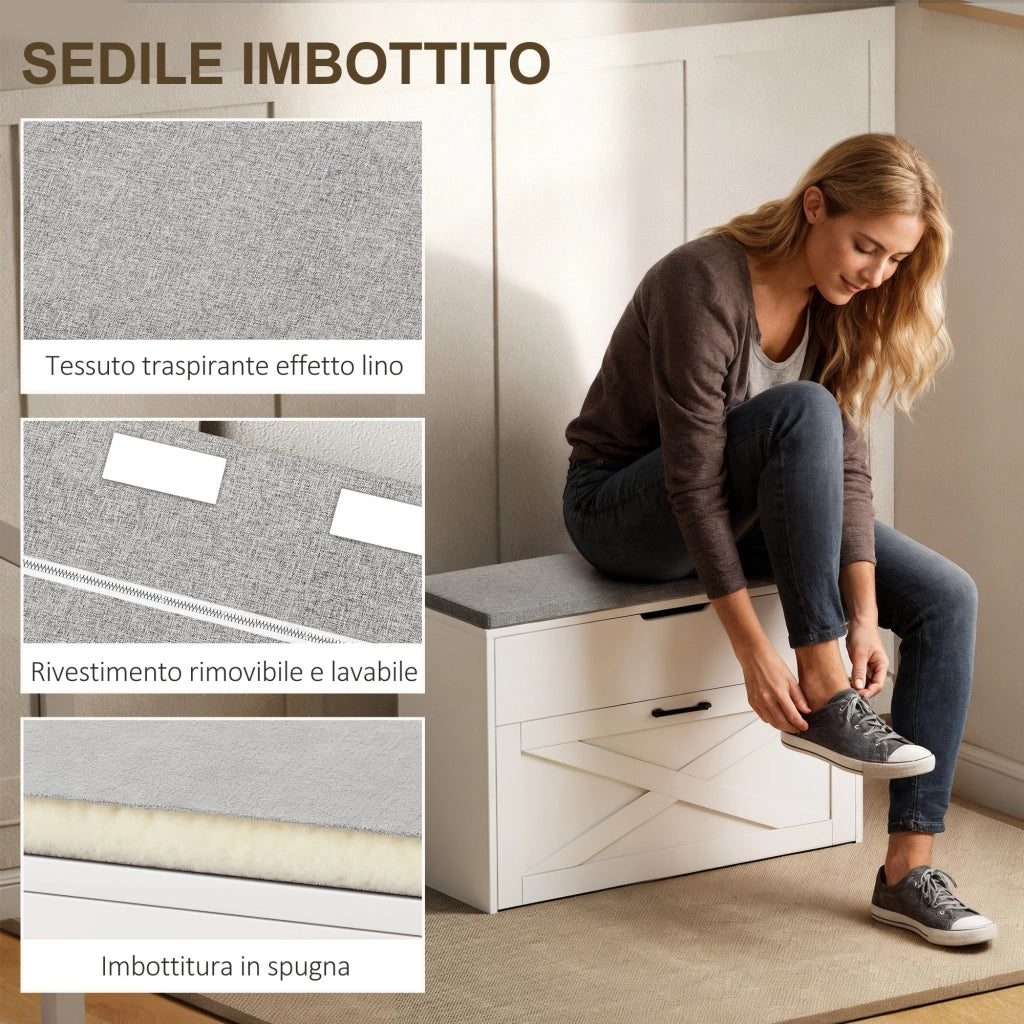Panca Scarpiera con Cassetto ¨C Xylo ¨C Bianco, 8 Paia, 80x30x55 cm