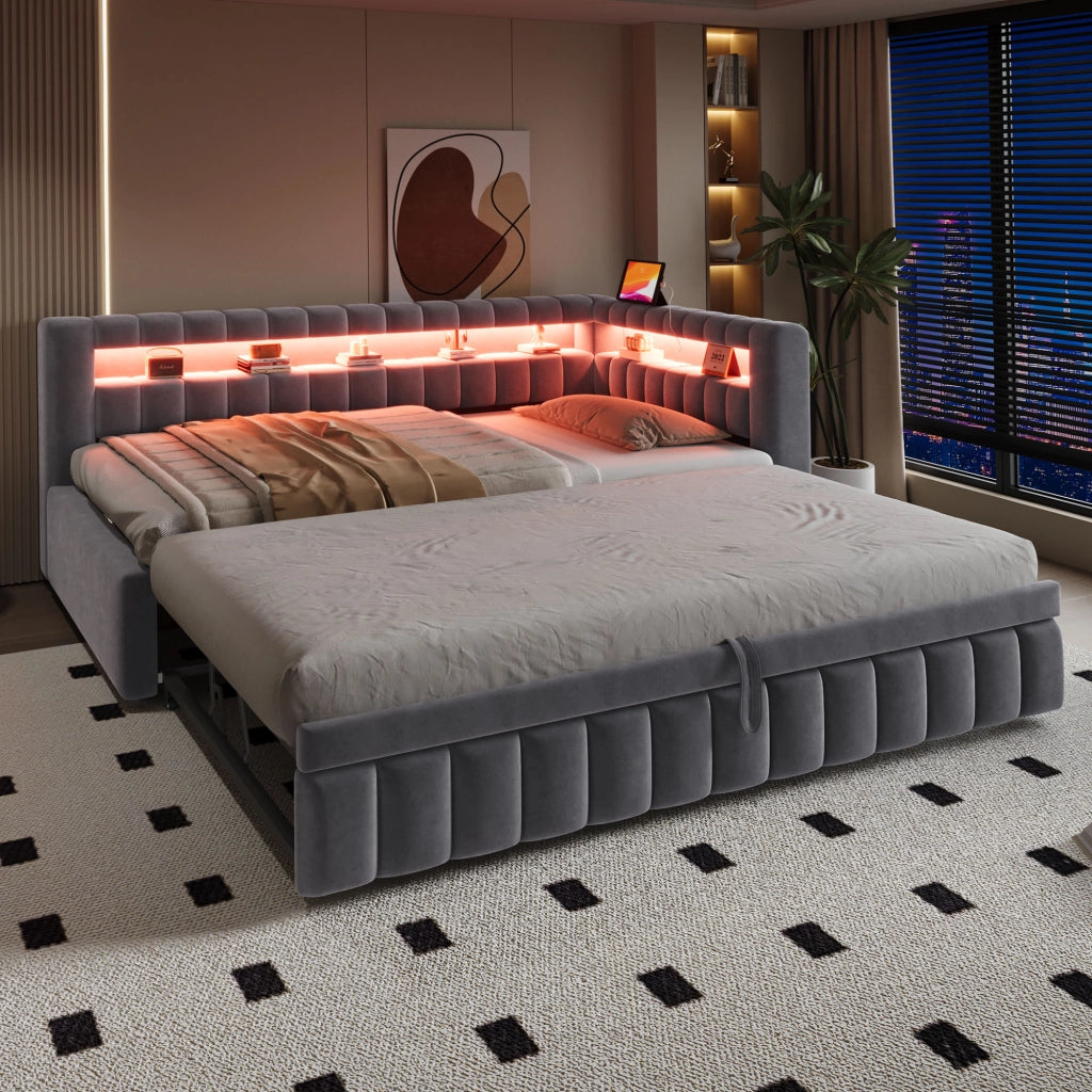 Letto estraibile 90 × 200 cm con illuminazione LED, ripiani, USB e Type-C, senza materasso, grigio