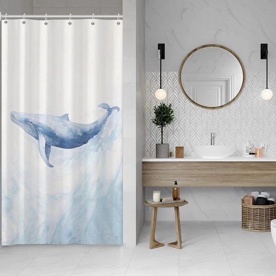 Douchegordino 120 x 200 cm moderno quadro aquarello blu balena oceano animale - doccia lavabile tessuto poliestere impermeabile - 8 ganci douchegordino 120x200