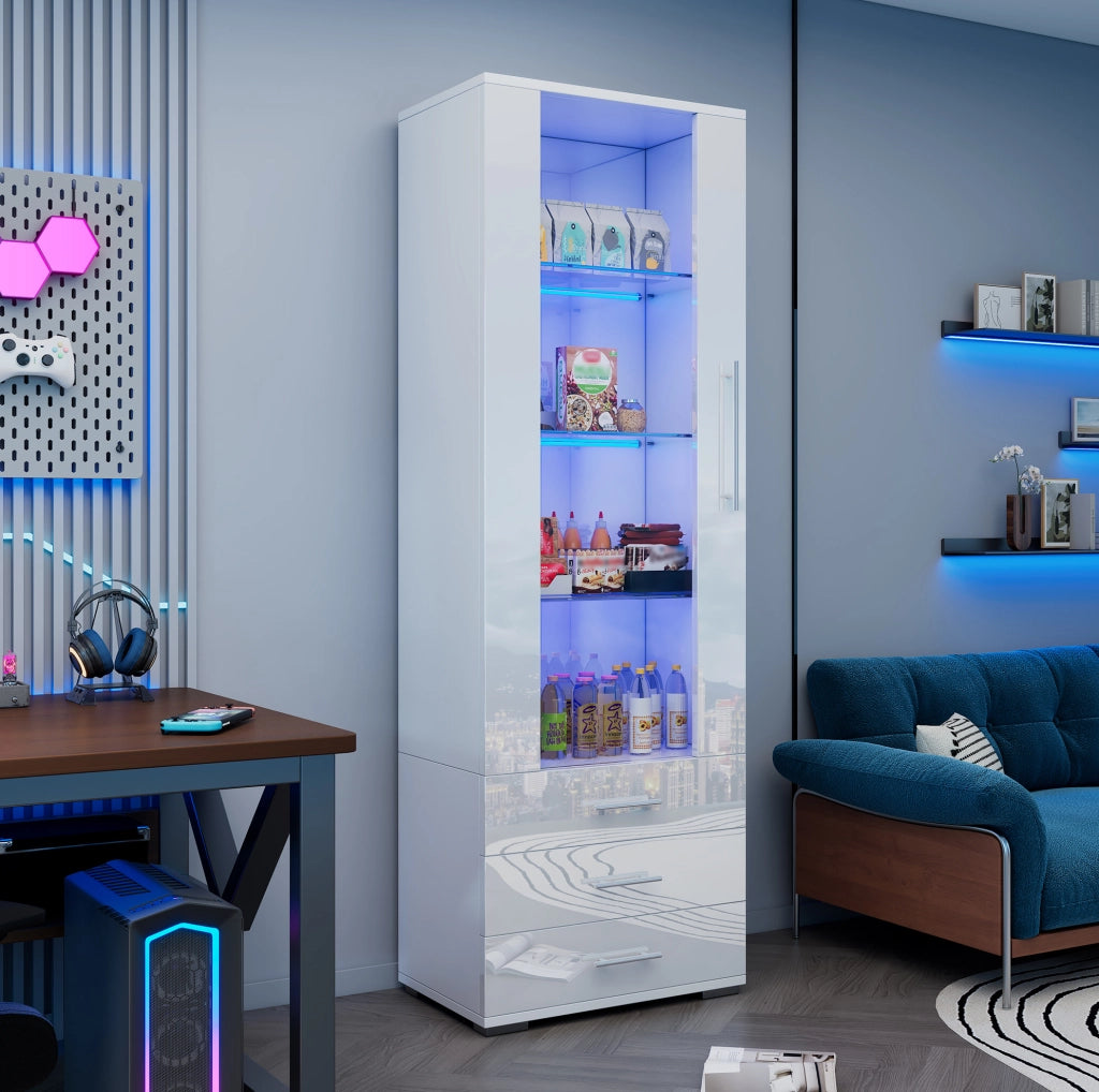 Vetrina 60x35x180 cm in MDF bianco lucido con LED e 3 cassetti