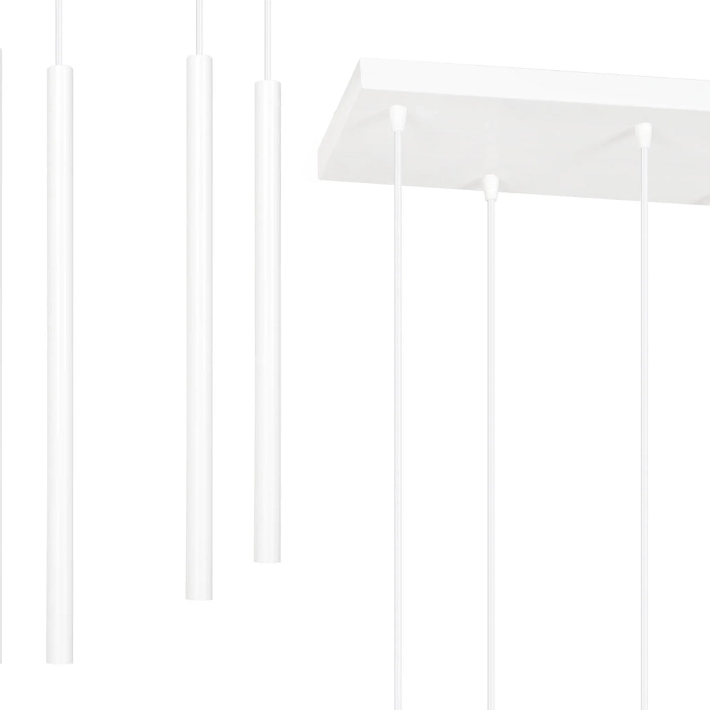 Lampadario 6 Luci Moderno Shu Acciaio Bianco E Paralumi A Cilindri Sottili