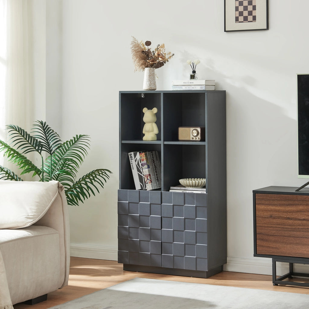 Armadio Comò Alto Bopibobro a 2 Ante Credenza con 4 Ripiani Aperti e 4 Vani Chiusi 118 x 64 x 30 cm - Grigio Scuro [en.casa]