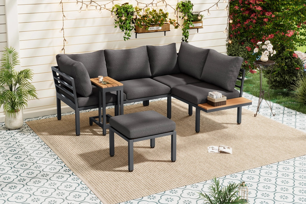 Set di mobili da giardino divano + tavolino + tavolino da caff¨¨ (pu¨° essere usato come poggiapiedi) tubo in acciaio zincato piano tavolo in legno di plastica adatto per balcone e giardino grigio + nero